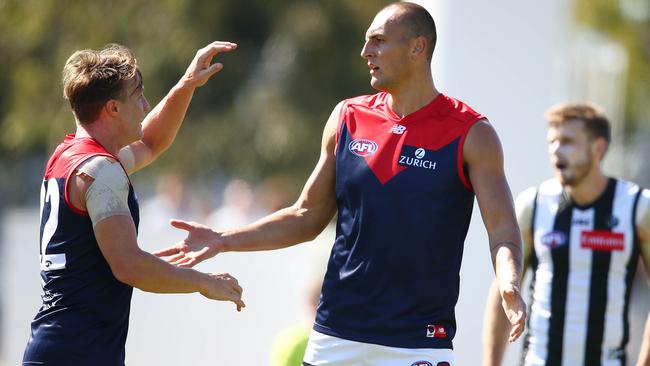 Braydon Preuss celebrate a goal for the Demons. Picture: Getty Images 