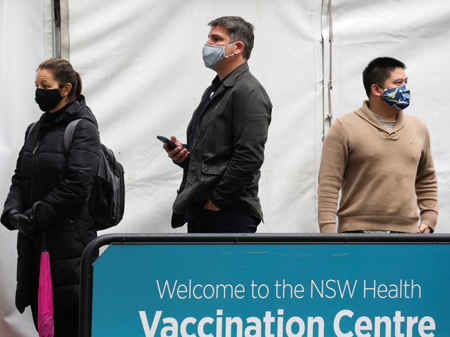 People lining up to get the Covid-19 vaccine at the Olympic Park Vaccination Hub in Sydney. Picture: NCA NewsWire / Gaye Gerard