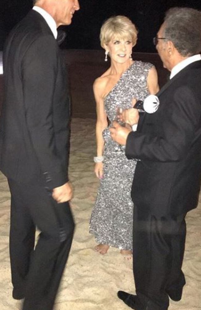 Julie Bishop barefoot in the sand at Karl Stefanovic's wedding in Mexico. Picture: Instagram