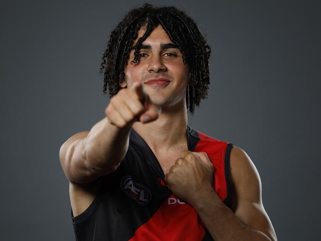 MELBOURNE, AUSTRALIA - NOVEMBER 20: Isaac Kako of the Bombers poses for a photograph during the 2024 AFL Draft at Marvel Stadium on November 20, 2024 in Melbourne, Australia. (Photo by Daniel Pockett/Getty Images)