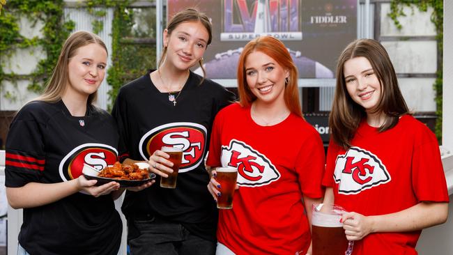 San Francisco 49ers fans Annabelle Murray and Katie Teale and Kansas City Chiefs fans Emma McLaughlin and Annabelle Tipton at The Fiddler in Rouse Hill.. Picture: Max Mason-Hubers