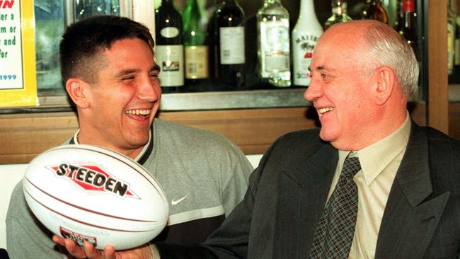 Former Russian leader Mikhail Gorbachev meets Queensland State of Origin forward Steve Price in May, 1999.