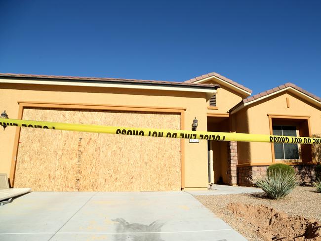 Remains of the garage door sit in the driveway in front of the house in the Sun City Mesquite community where suspected Las Vegas gunman Stephen Paddock lived. Picture: AFP