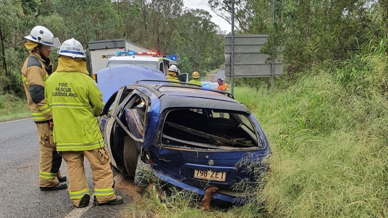 The remains of the Holden station wagon after a single vehicle traffic incident occurred along the D'Aguilar Highway five kilometres north of Yarraman on Thursday afternoon, March 5 2020.