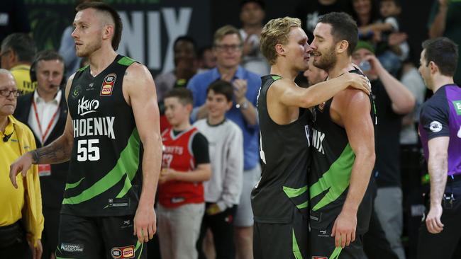 Phoenix celebrates their overtime win during the Round 11 NBL match between the South East Melbourne Phoenix and the Cairns Taipans.