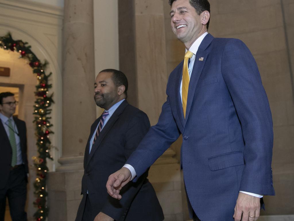 House Speaker Paul Ryan walks to the chamber as a revised spending bill was introduced that includes the money demanded by Mr Trump — and is set to be rejected by the Senate. Picture: AP Photo/J. Scott Applewhite 