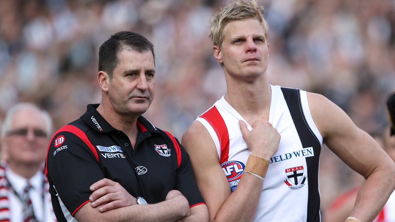 2010 Grand Final REPLAY. St Kilda v Collingwood. MCG. St Kilda coach Ross Lyon and captain Nick Riewoldt watch Collingwood recieve the cup.