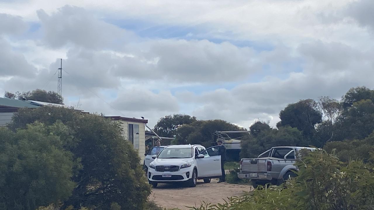 Major crime speaking to neighbouring properties at Port Neill, South Australia, after a man was found dead in a caravan on a property. Picture: Todd Lewis