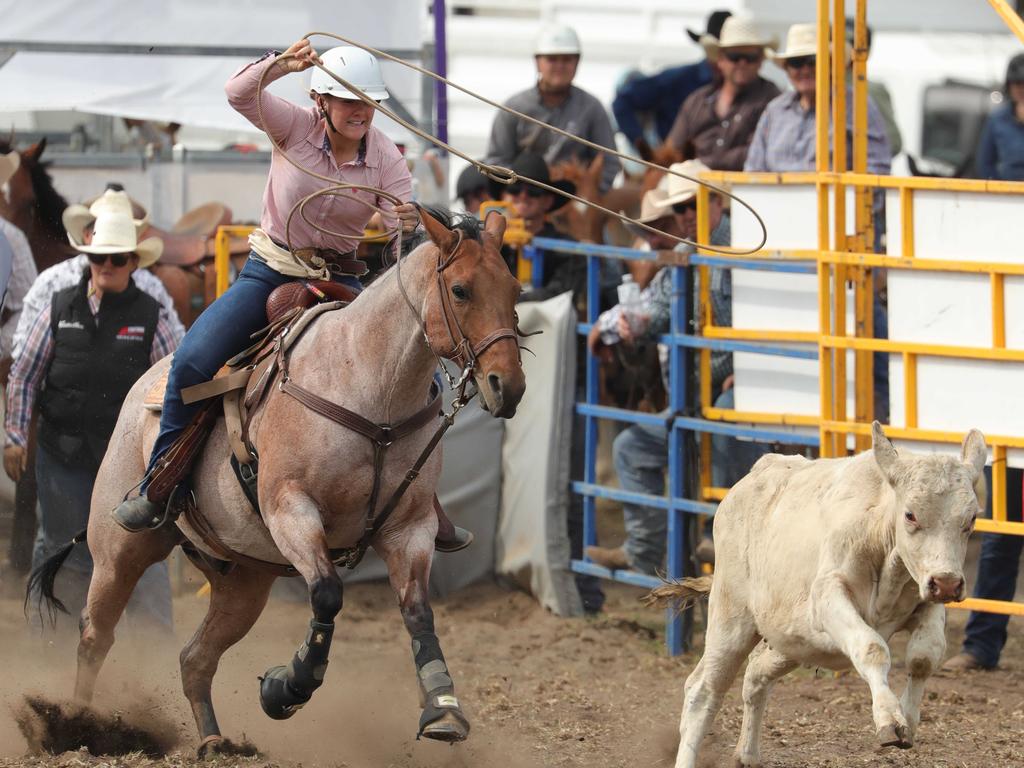 Once the rope is around the calf’s neck, the rider stops the horse and the game stops. Picture: Mark Wilson