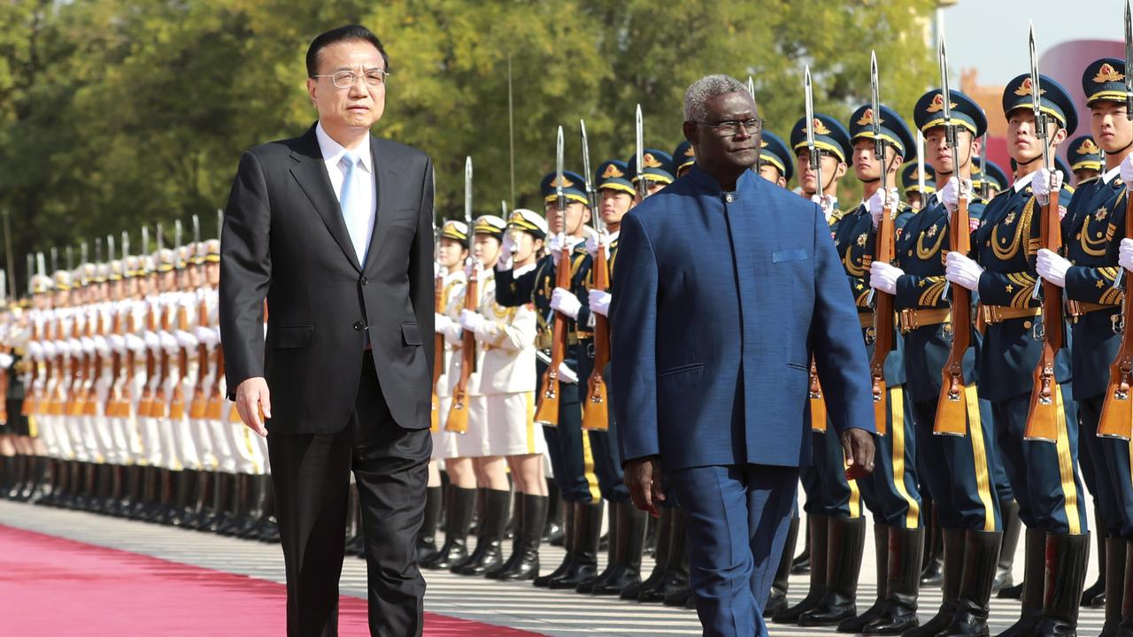 Chinese Premier Li Keqiang holds a welcoming ceremony for Solomon Islands Prime Minister Manasseh Sogavare in Beijing on October 9, 2019. Picture: Pang Xinglei/Xinhua via Getty