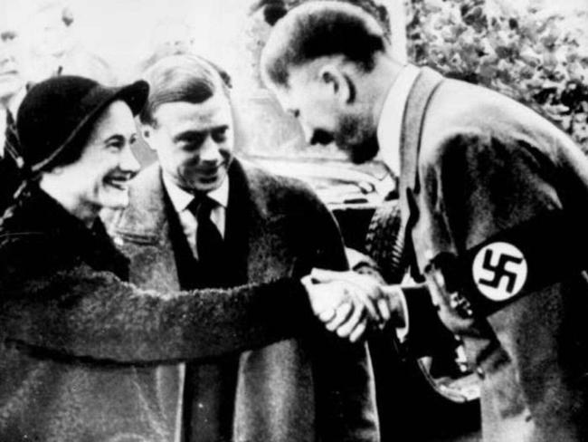 Edward and wife Wallis Simpson, then duke and duchess of Windsor, with Adolf Hitler in 1937.