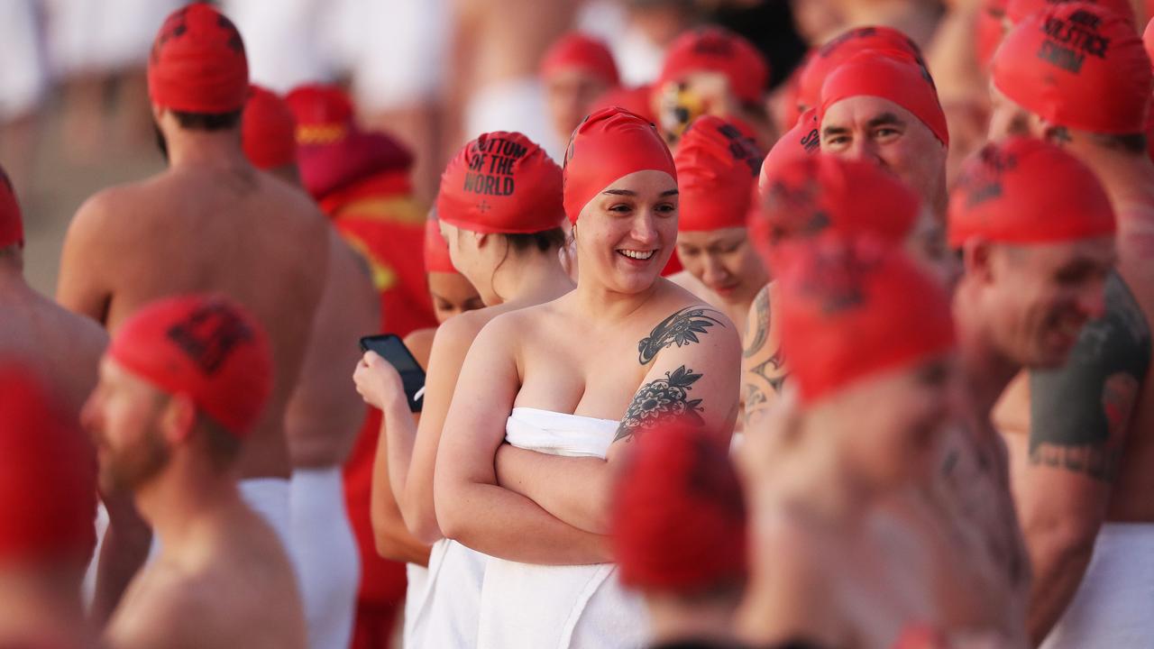 Nude Solstice swim as part of Dark Mofo 2021 at Long Beach Sandy Bay. Picture: Nikki Davis-Jones