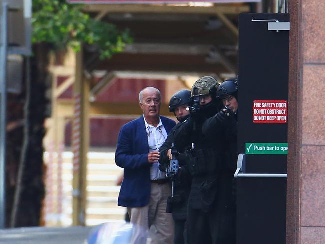 At 3:30pm on December 15, 2014, John O’Brien, then 82, was in the first group of hostages to escape from the Lindt Cafe siege. Picture: Don Arnold/Getty Images)