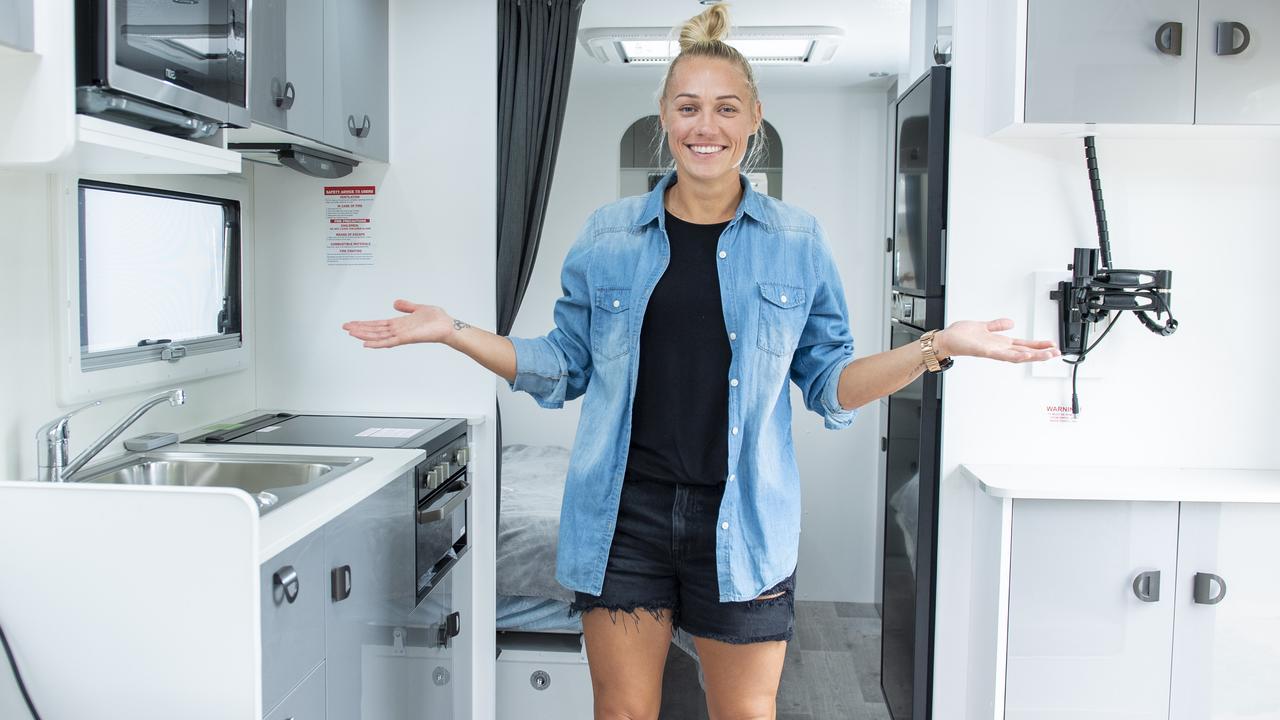 Erin Phillips and the New Age caravan she is using to try and avoid Covid ahead of her fourth AFLW finals campaign. Picture: Mark Brake