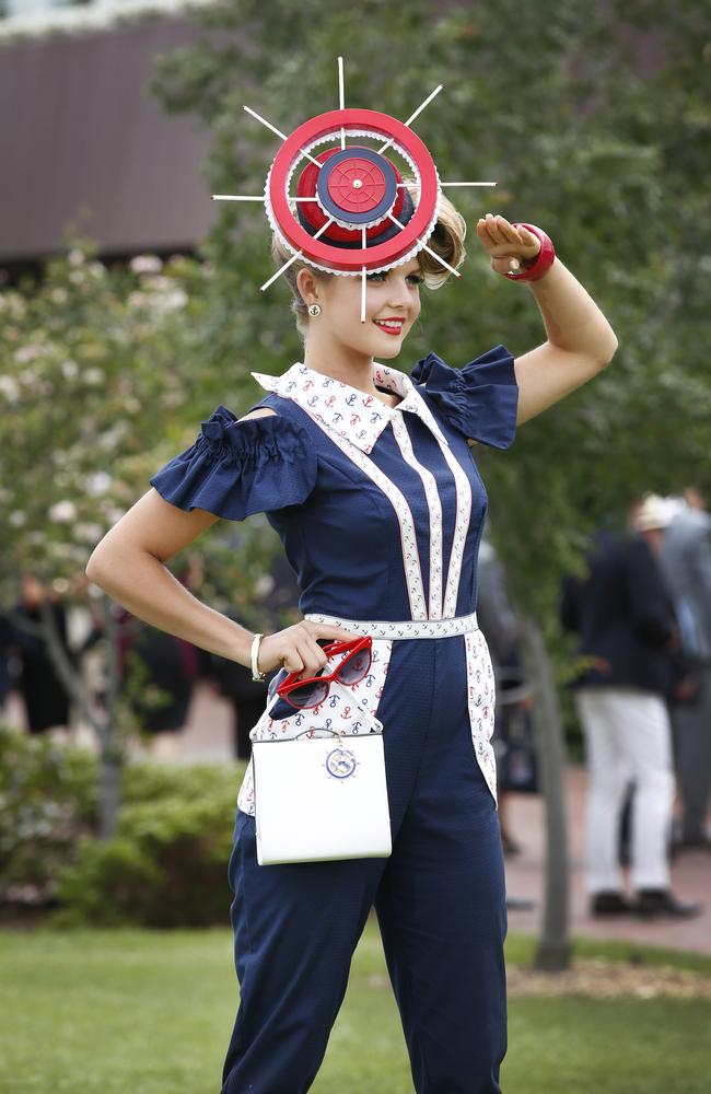 Melbourne Cup Day 2014 Myer Fashion in the Field at Flemington Racecourse. Gracyn Marsterson wearing a sailor theme design. Picture: David Caird.