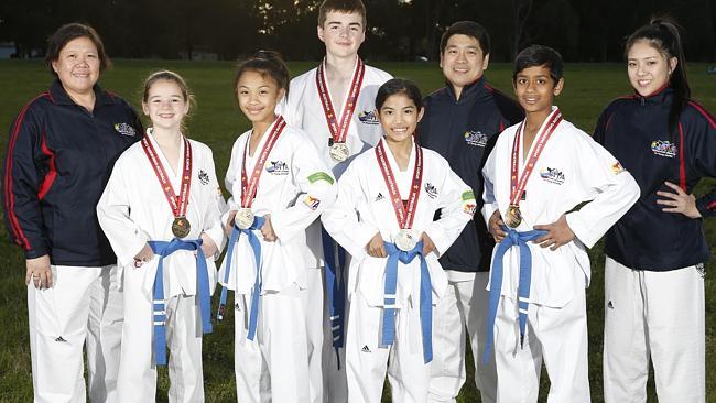 JSS nominees for team spirit Taya Taekwondo junior team, from left: Natalia Sangalang, Kiara Fleming 9, Ysabella Querubin 12, Connor Fleming 12, Sofia Guerubin 9, Edwin Sangalang, Aaditya Kadam 13 Abby Sangalang. Pictures: David Swift