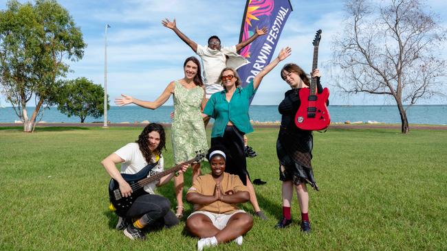 Front (L-R) Roxanne Voulanas, Esther Mutalemba. Middle (L-R) Artistic Director Kate Fell, Alanah White, Elizabeth Albiston and Samson Mashimango during the launch of Darwin Festival at the Fort Hill Parklands on June 3, 2025. Picture: Pema Tamang Pakhrin