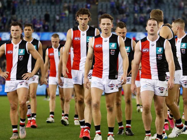 MELBOURNE, AUSTRALIA - MAY 22: The Saints look dejected after a loss during the 2021 AFL Round 10 match between the Western Bulldogs and the St Kilda Saints at Marvel Stadium on May 22, 2021 in Melbourne, Australia. (Photo by Michael Willson/AFL Photos via Getty Images)