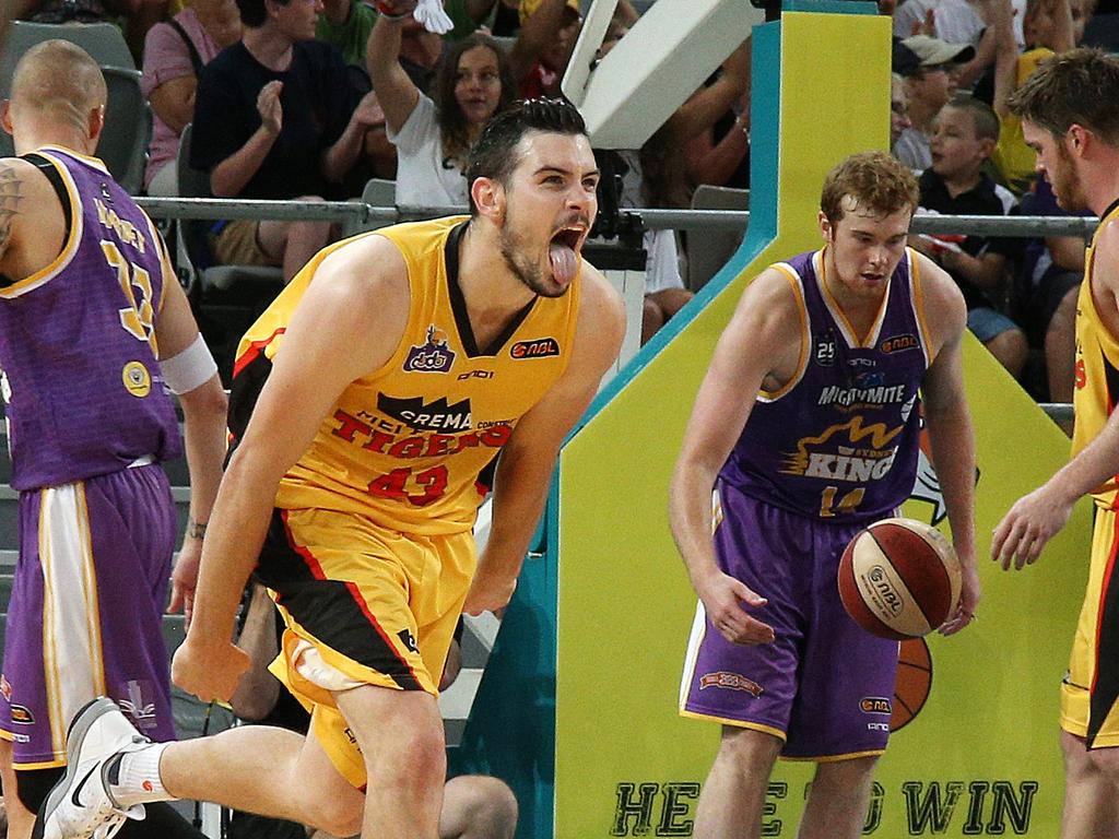 One of the iconic images of Chris Goulding celebrating his record 50-point performance against Sydney. Picture: George Salpigtidis