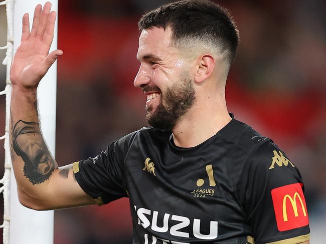 MELBOURNE, AUSTRALIA - MAY 24: Apostolos Stamatelopoulos of the A-League All Stars celebrates with Nestory Irankunda of the A-League All Stars after scoring a goal during the exhibition match between A-League All Stars Men and Newcastle United FC at Marvel Stadium on May 24, 2024 in Melbourne, Australia. (Photo by Robert Cianflone/Getty Images)