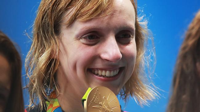 Katie Ledecky with her gold medal from the women's 800m freestyle. Picture: Phil Hillyard