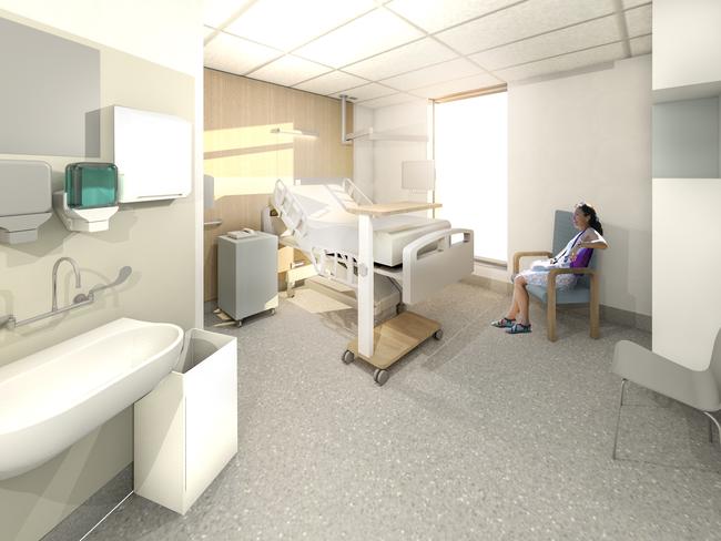 Patient room inside the new central acute services building.