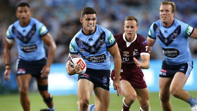 NSW's Nathan Cleary breaks through during Game 2 of the State of Origin series between the NSW Blues and Queensland Maroons at ANZ Stadium. Picture. Phil Hillyard