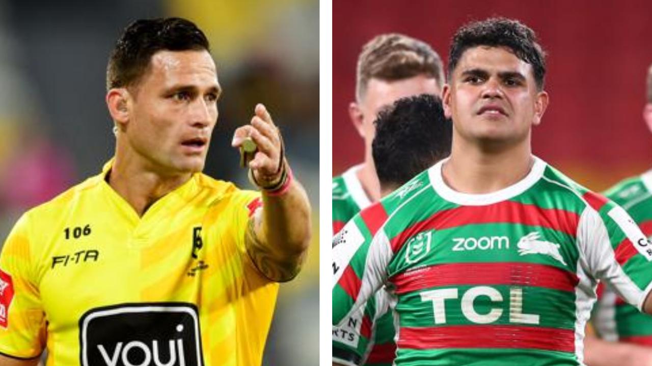 Referee Henry Perenara and Rabbitohs star Latrell Mitchell.