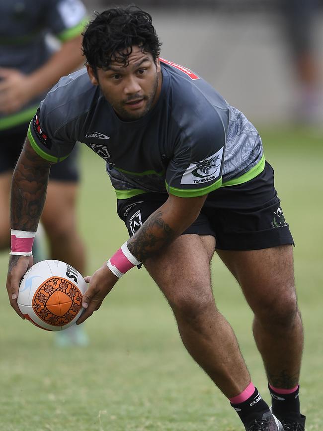 Issac Luke of the Maori All Stars looks to pass the ball during a Maori Men's All Star training session at Jack Manski Oval on February 17, 2021 in Townsville, Australia. (Photo by Ian Hitchcock/Getty Images)