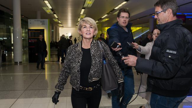 Julie Bishop arrives at Canberra Airport on Sunday evening. Picture: Rohan Thomson