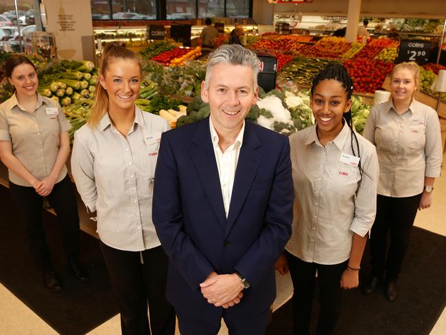Coles managing director John Durkan with Rachel Tesema, Alison Gurry, ,Emma Burrows, and Mailys Perfrement. Picture: Norm Oorloff