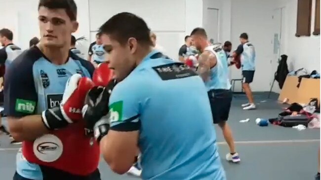 NSW Blues halfback Nathan Cleary in a training session with Australian boxer Bilal Akkawy in 2018. Source: Akkawy Boxing Club