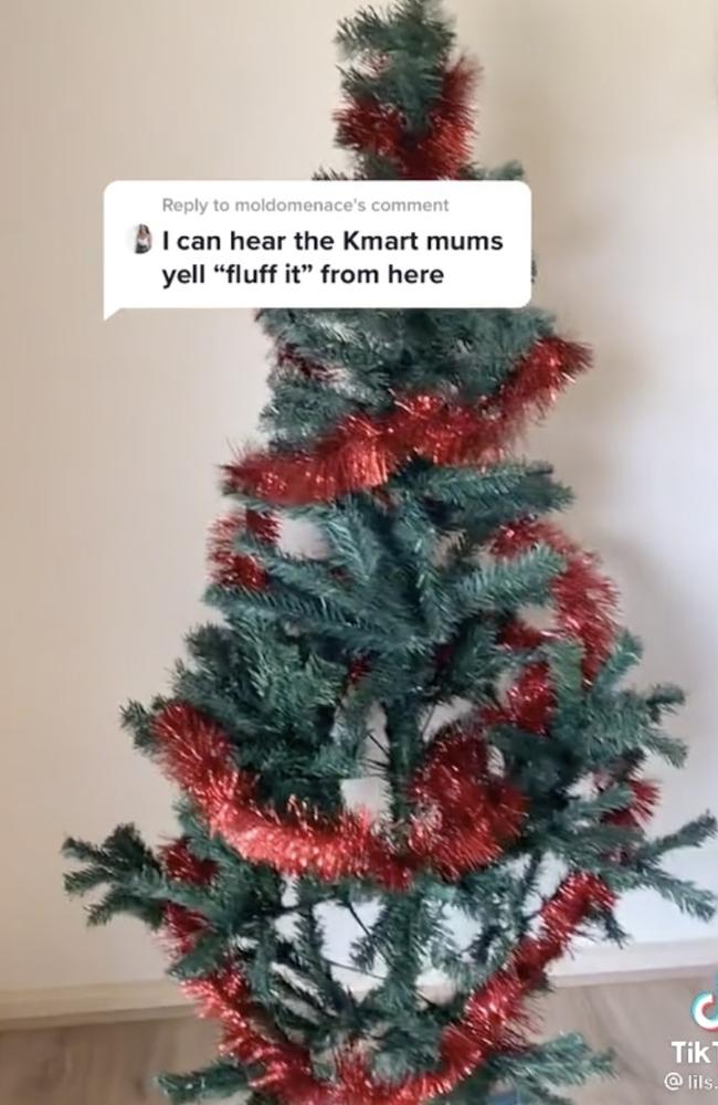 After facing criticism from not fluffing her tree from “Kmart musm” @lils.drum revealed she had, but the tree still looks “sad”. . Picture: TikTok/@lils.drum