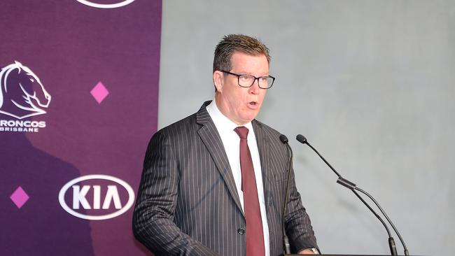 The Brisbane Broncos have revealed their new sponsor, Kia, at an event at their training centre. Broncos Chairman Karl Morris. 30th October 2019 Brisbane AAP Image/Richard Gosling