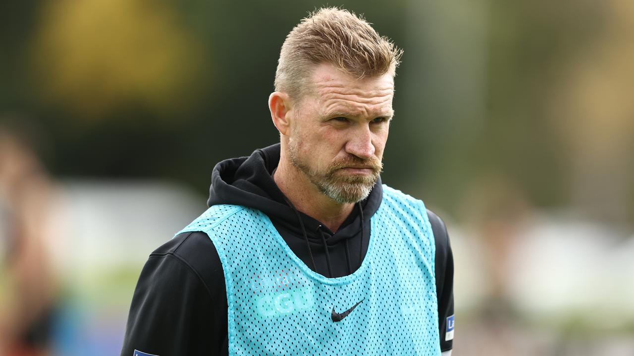 MELBOURNE, AUSTRALIA - APRIL 22: Magpies coach, Nathan Buckley is seen during a Collingwood Magpies AFL training session at the Holden Centre Oval on April 22, 2021 in Melbourne, Australia. (Photo by Robert Cianflone/Getty Images)