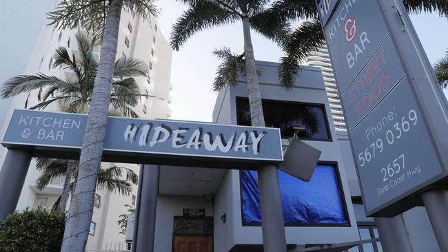 Broken window and general front view of Hideaway restaurant in the popular Broadbeach area, along Gold Coast Highway, Sunday, June 25, 2023. Photo: Regi Varghese