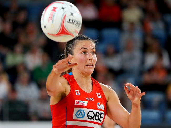 SYDNEY, AUSTRALIA - APRIL 29: Maddy Proud of the Swifts passes the ball during the round seven Super Netball match between Giants Netball and NSW Swifts at Ken Rosewall Arena, on April 29, 2023, in Sydney, Australia. (Photo by Jeremy Ng/Getty Images)