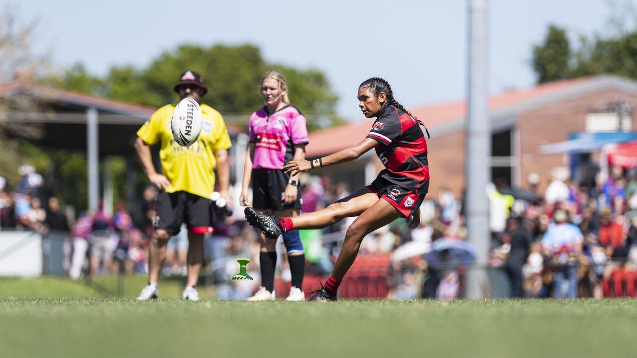 Sedeequa Clevin attempts a conversion for Valleys against Brothers in U15 girls Toowoomba Junior Rugby League grand final at Toowoomba Sports Ground, Saturday, September 7, 2024. Picture: Kevin Farmer