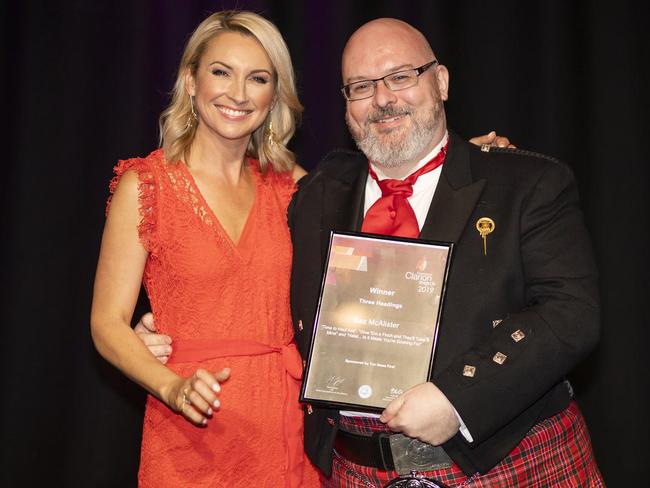 Baz McAlister accepts his Clarion award from Channel 10’s Georgina Lewis in 2019.