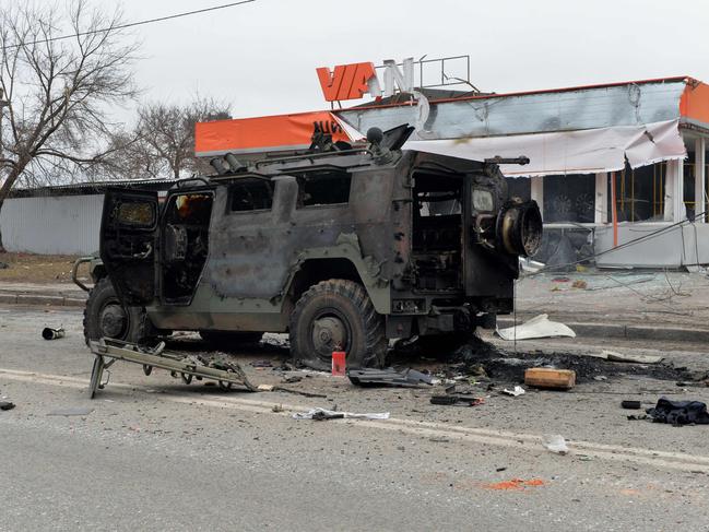 This picture shows Russian infantry mobility vehicles GAZ Tigr destroyed as a result of fighting in Kharkiv. Picture: AFP