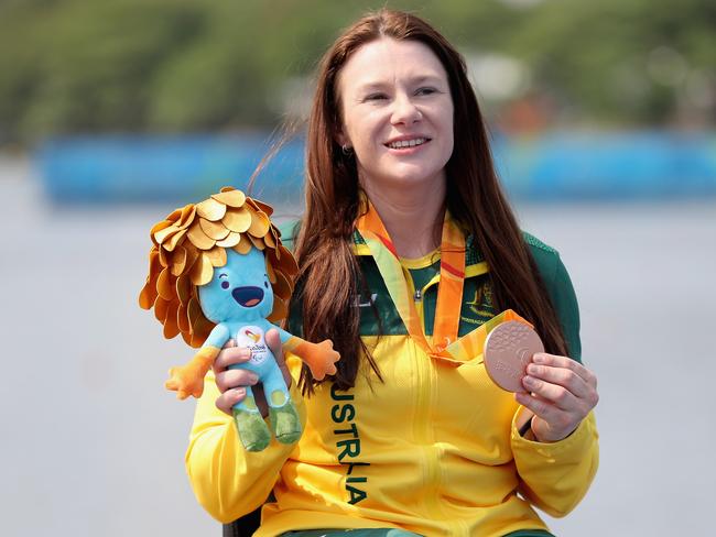 RIO DE JANEIRO, BRAZIL - SEPTEMBER 15:  Susan Seipel of Australia poses on the medals podium after finishing third in the women's KL2 final at Lagoa Stadium during day 8 of the Rio 2016 Paralympic Games at the Olympic Stadium on September 15, 2016 in Rio de Janeiro, Brazil.  (Photo by Matthew Stockman/Getty Images)