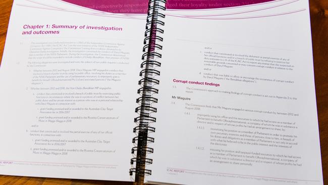 Pictured is the inside of the ICAC report. Picture: NCA NewsWire / pool / James Brickwood