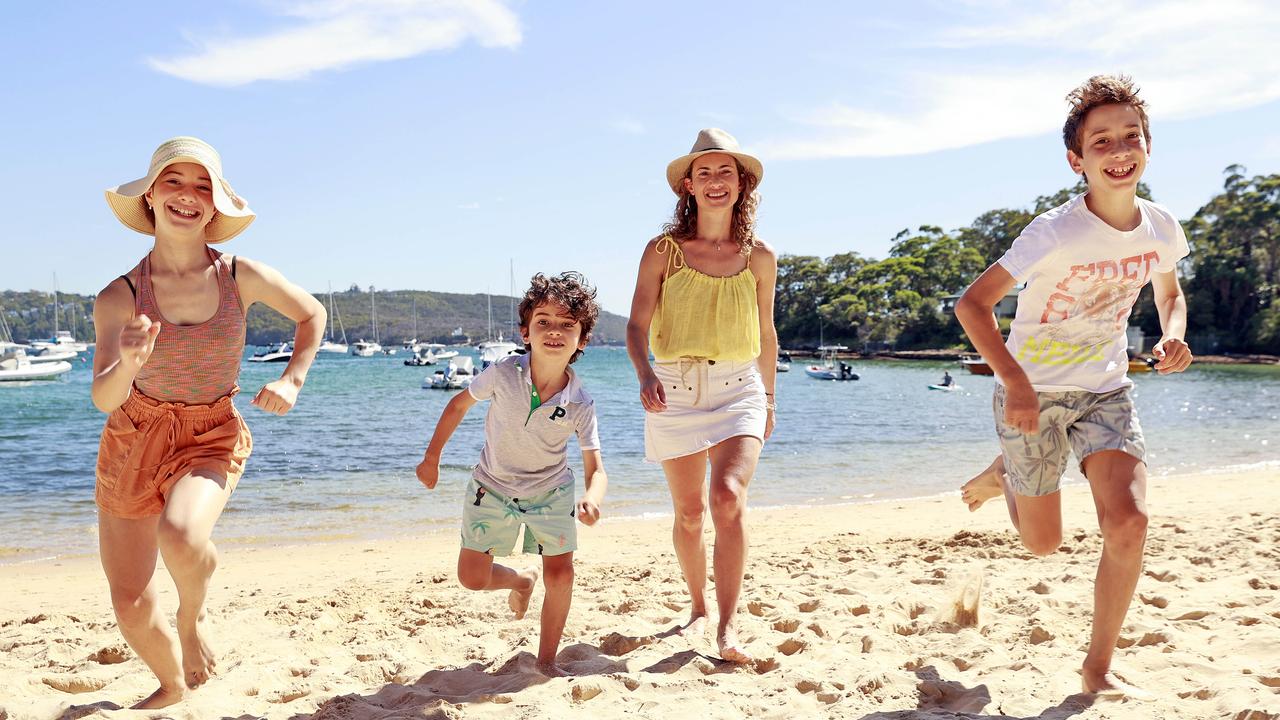 Alexandra Clyde, with kids Isabella 13, Leonardo 11 and Marlow 7, are selling their Mosman house near the beach. Picture: Tim Hunter.