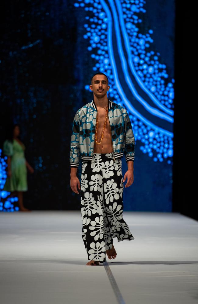 Lucas Schober at the 2024 Country to Couture at the Darwin Convention Centre showcases hand-designed First Nations fashion. Picture: Pema Tamang Pakhrin