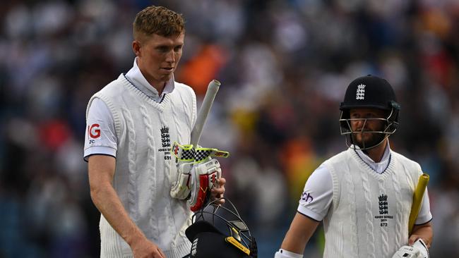 England openers Zak Crawley (L) and Ben Duckett will resume at 0-27. Picture: AFP