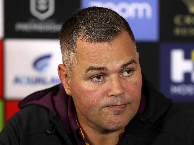 SYDNEY, AUSTRALIA - AUGUST 07:  Broncos coach Anthony Seibold speaks to the media at a press conference following the round 13 NRL match between the South Sydney Rabbitohs and the Brisbane Broncos at ANZ Stadium on August 07, 2020 in Sydney, Australia. (Photo by Mark Kolbe/Getty Images)