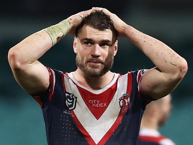 SYDNEY, AUSTRALIA - MAY 21:  Angus Crichton of the Roosters looks dejected at full-time during the round 11 NRL match between the Sydney Roosters and the Penrith Panthers at Sydney Cricket Ground, on May 21, 2022, in Sydney, Australia. (Photo by Matt King/Getty Images)