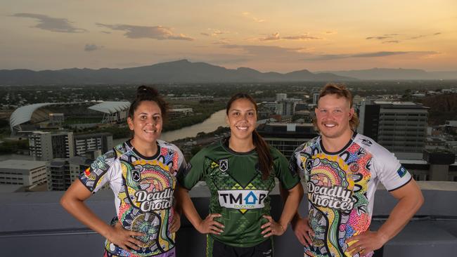 Reuben Cotter and Tallisha Harden (Cowboys and Indigenous All Stars) and Shannon Mato (Titans and Maori All Stars)