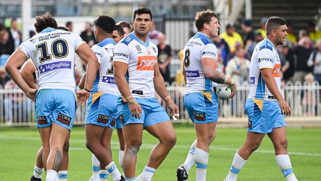 The Titans were a shadow of the team that last week pumped the Knights, failing to crack Manly’s defence. Picture: NRL Photos.