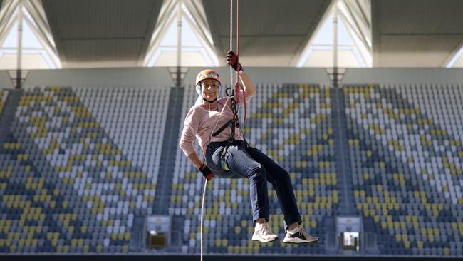 Jenny Hill, Mayor of Townsville, abseils the Queensland Country Bank Stadium in partnership with Brighter Lives. Photo by Leilani Franks, Stay Golden Photography.